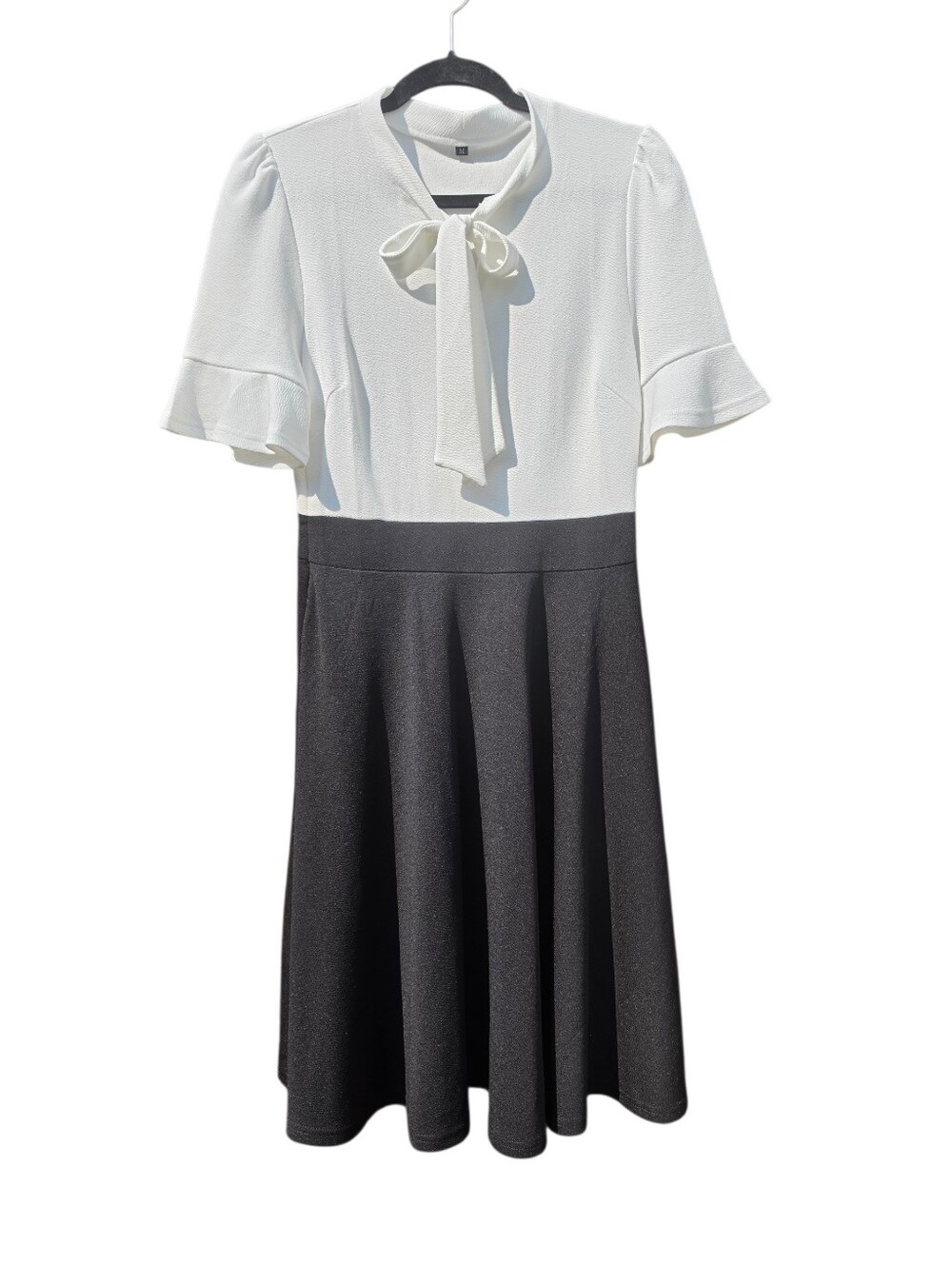 RANPHEE Black & White Bow Neck Short Sleeve Flare Dress Size M - Picture 2 of 8